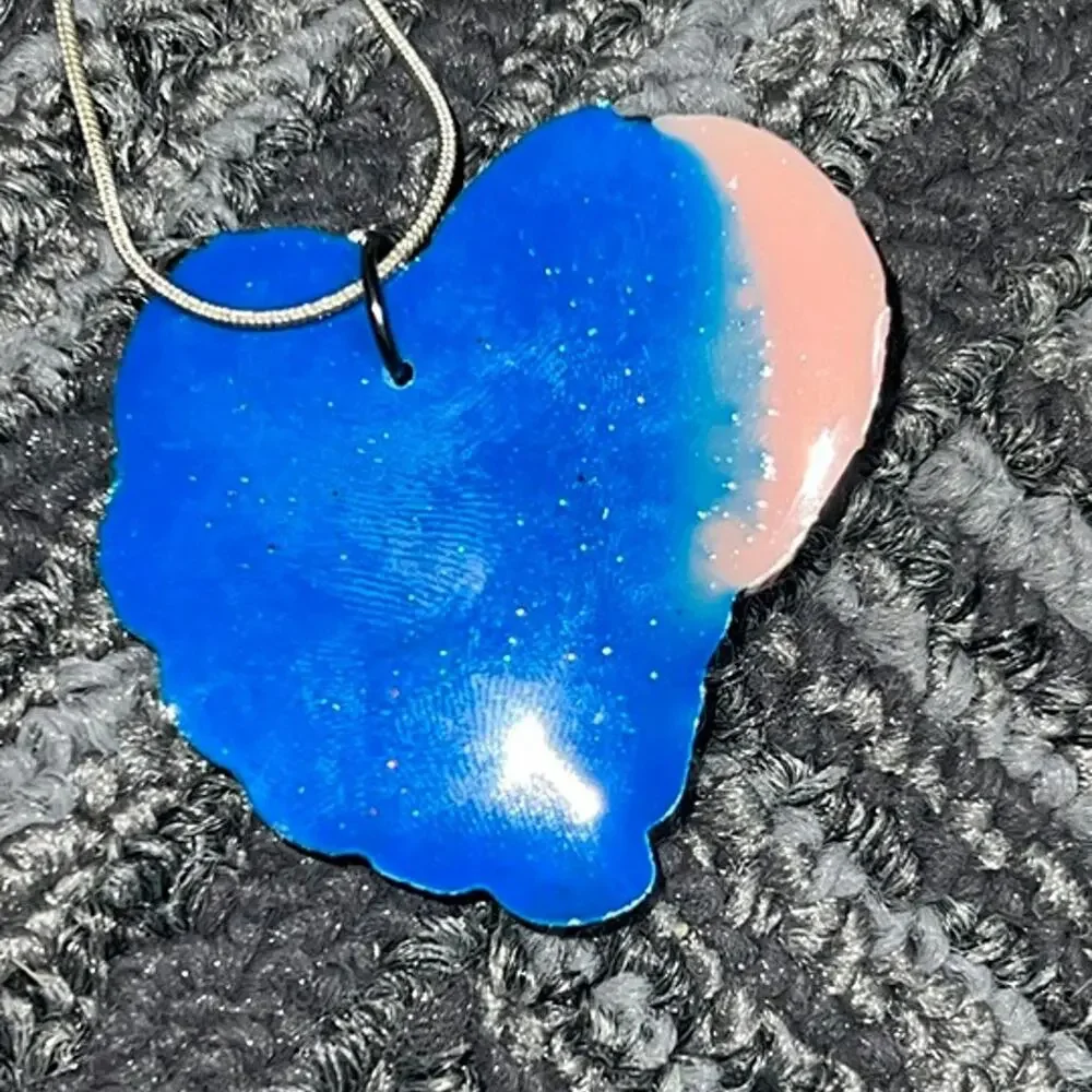 Two tone pink glitter resin stitched heart pendant necklace